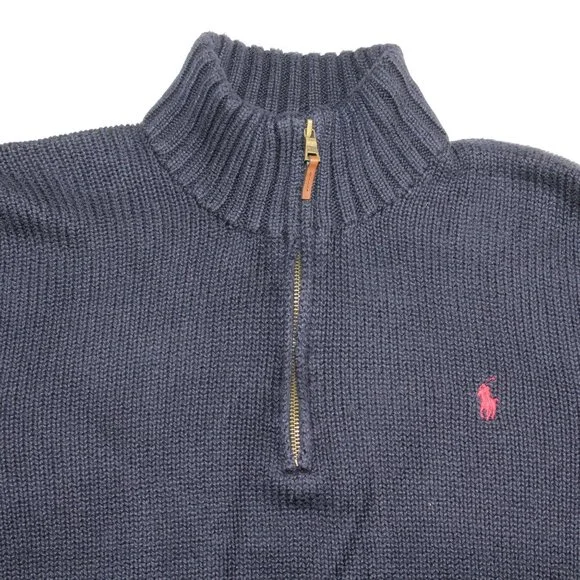 Polo Ralph Lauren XL 1/4 Zip Pullover Knit Sweater Navy Blue Red Pony High Neck - Picture 4 of 11